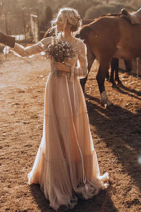 Light Brown Long Sleeve Boho Wedding Dress Rustic Wedding Dress